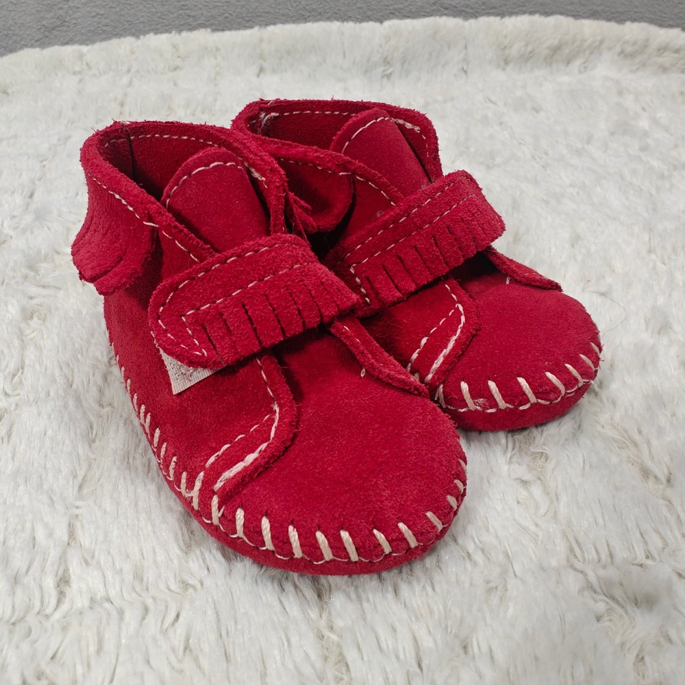 Minnetonka Suede Leather Fringe Moccasin Baby Size 2 Red Western Boho Americana